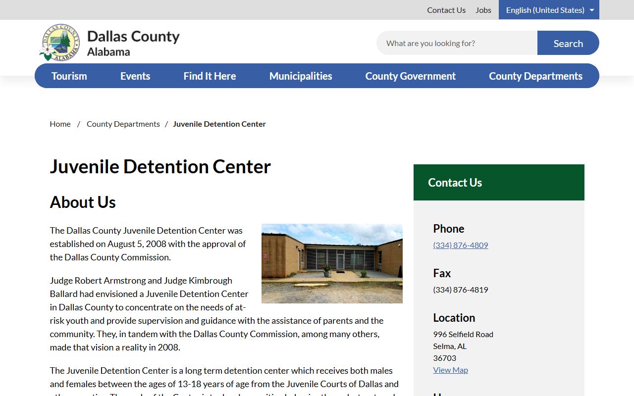 Official Dallas County Juvenile Detention Center page with address and youth detention details
