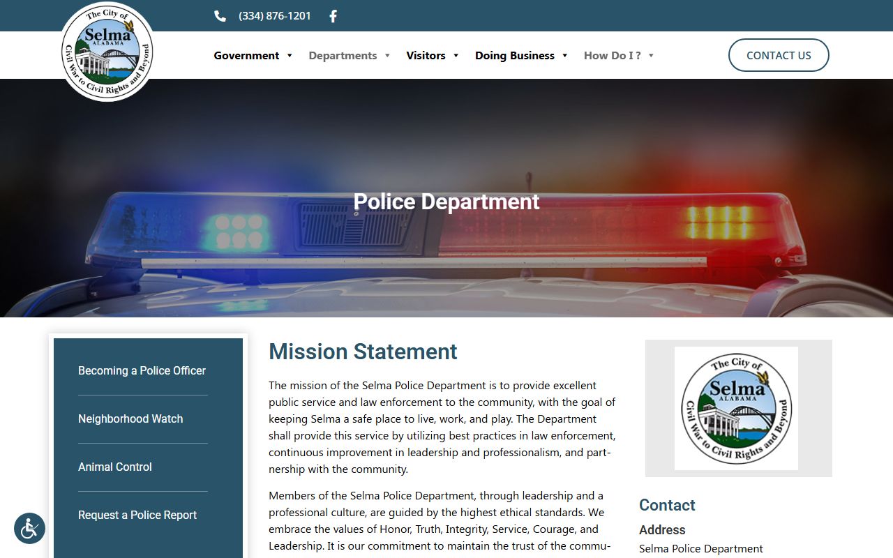 Official Selma Police Department page with municipal contact details